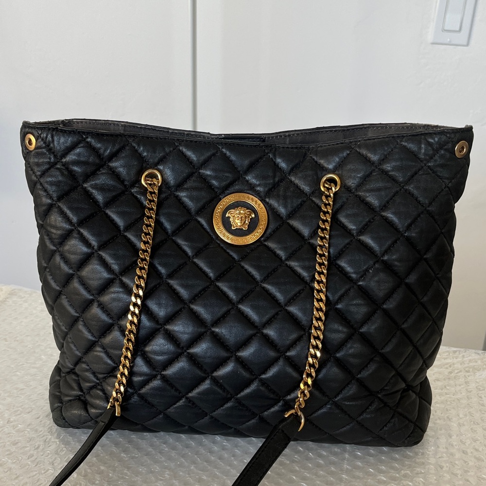 Versace Black Quilted Leather Medusa Shoulder Bag with Gold Chain Straps - Picture 5 of 12